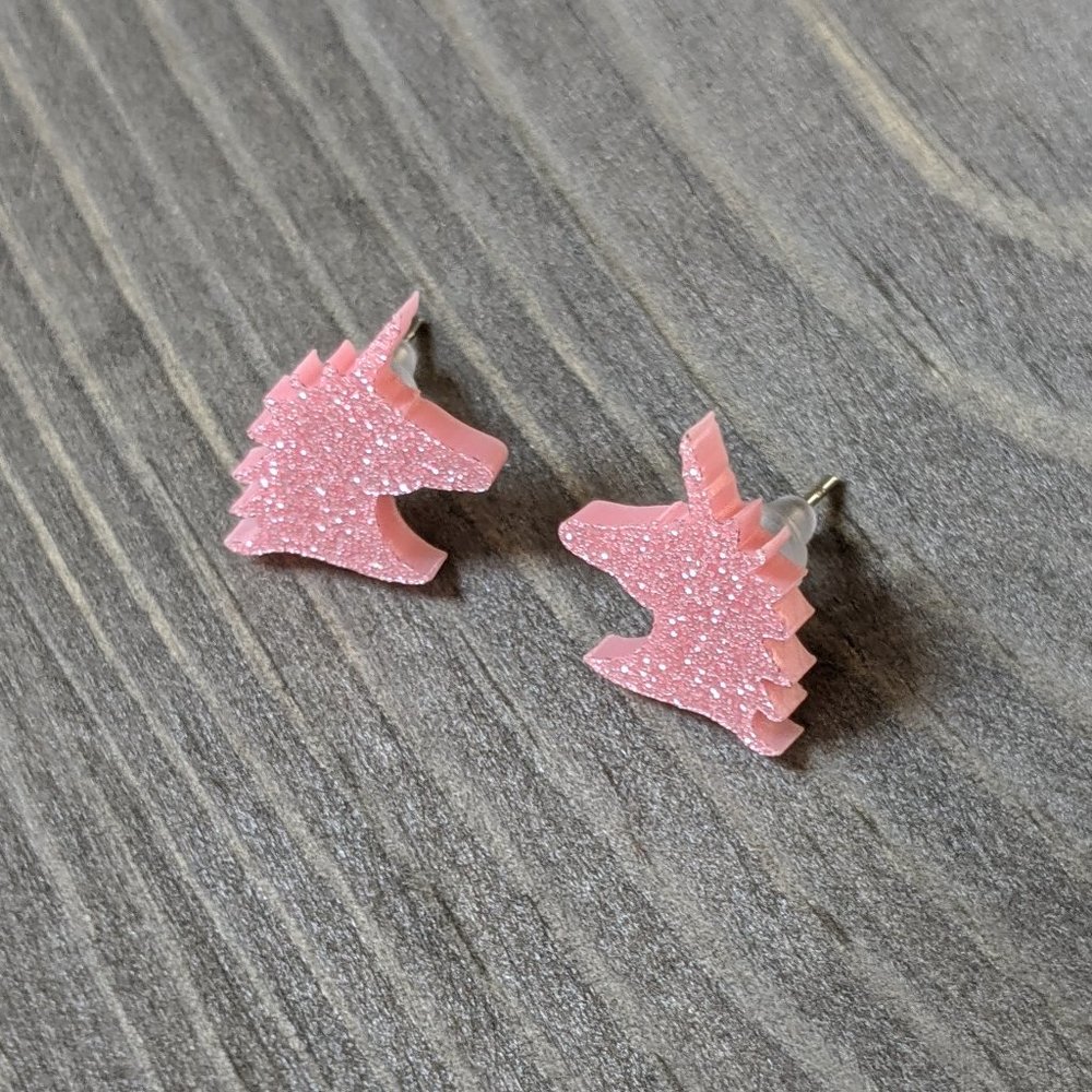 Sparkly Acrylic Light Pink Unicorn with Light Pink Glitter Stud Earrings
